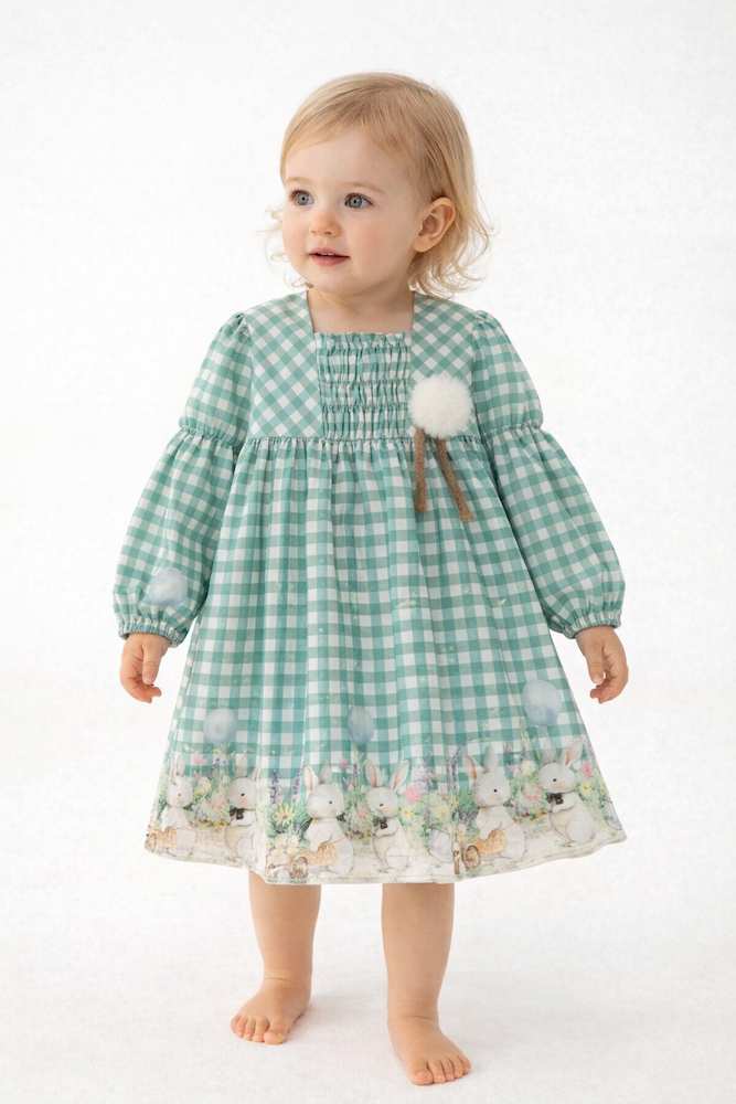 Niña con vestido de cuadros y conejos 0